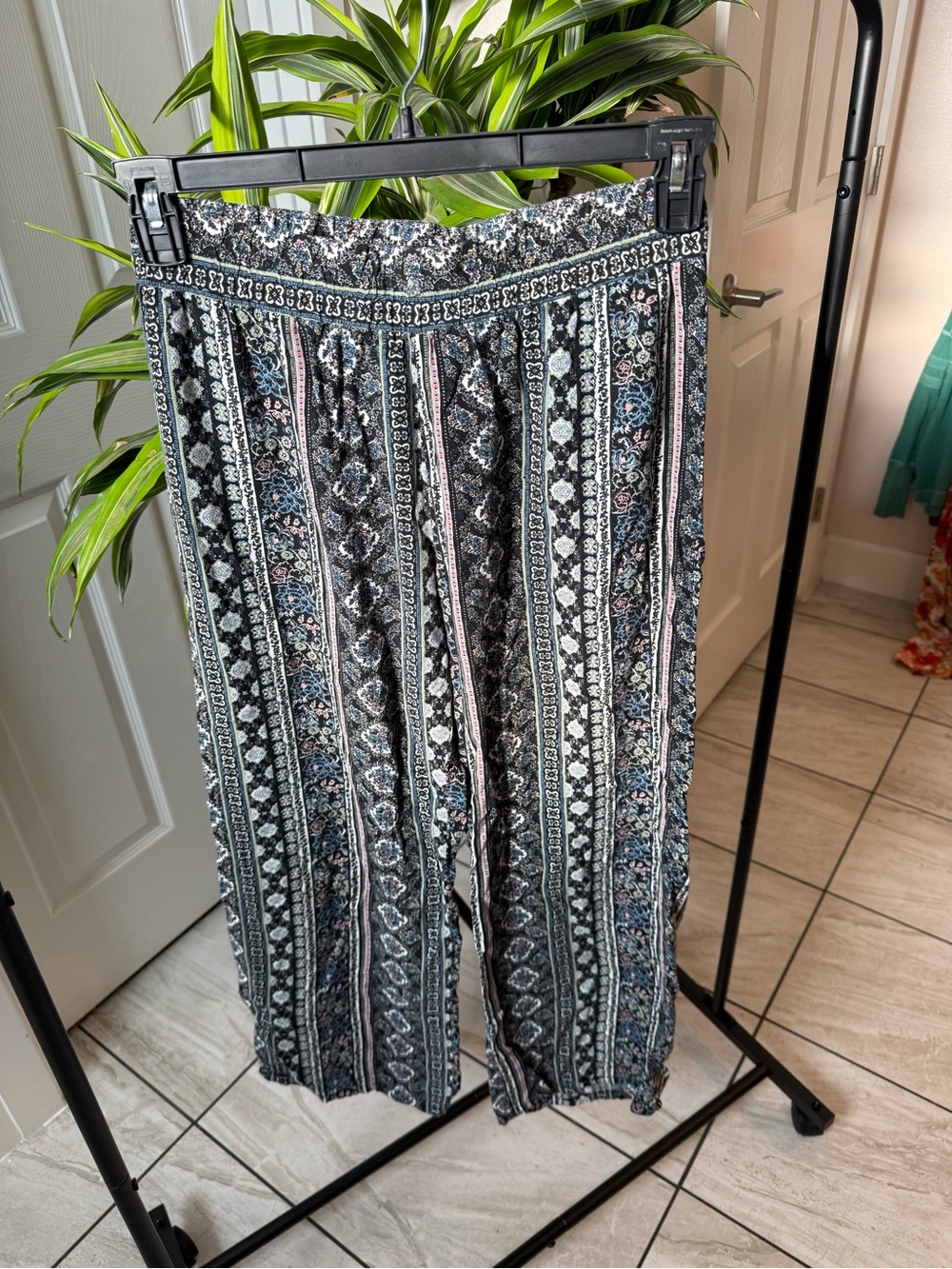 Boho Striped Wide Leg Pants - Black & White with Blue Accents